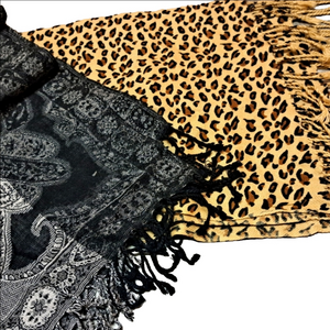 💎 EUC 2 Scarves Black and Leopard Print Pashima Style 💎